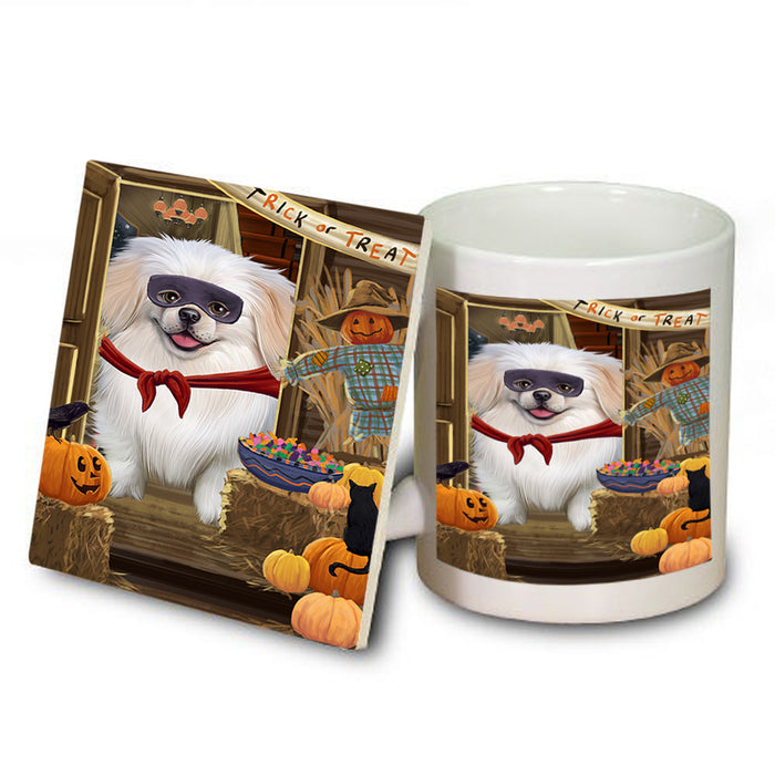 Enter at Own Risk Trick or Treat Halloween Pekingese Dog Mug and Coaster Set MUC53197