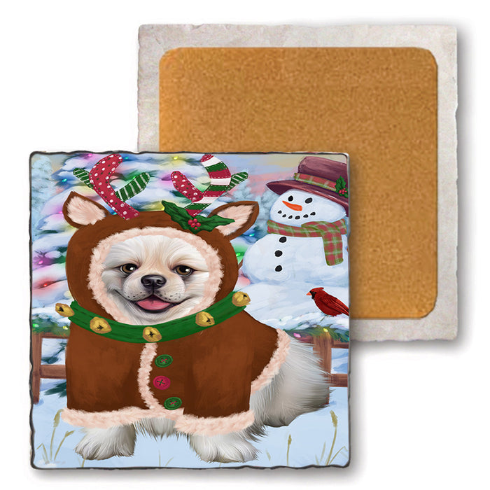 Christmas Gingerbread House Candyfest Pekingese Dog Set of 4 Natural Stone Marble Tile Coasters MCST51467