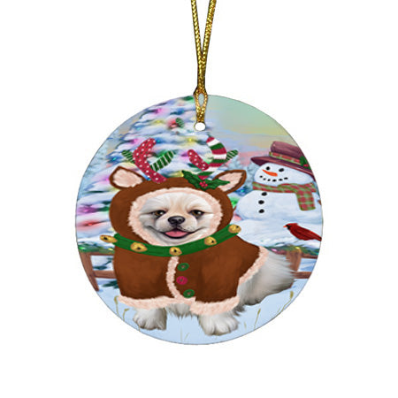 Christmas Gingerbread House Candyfest Pekingese Dog Round Flat Christmas Ornament RFPOR56823