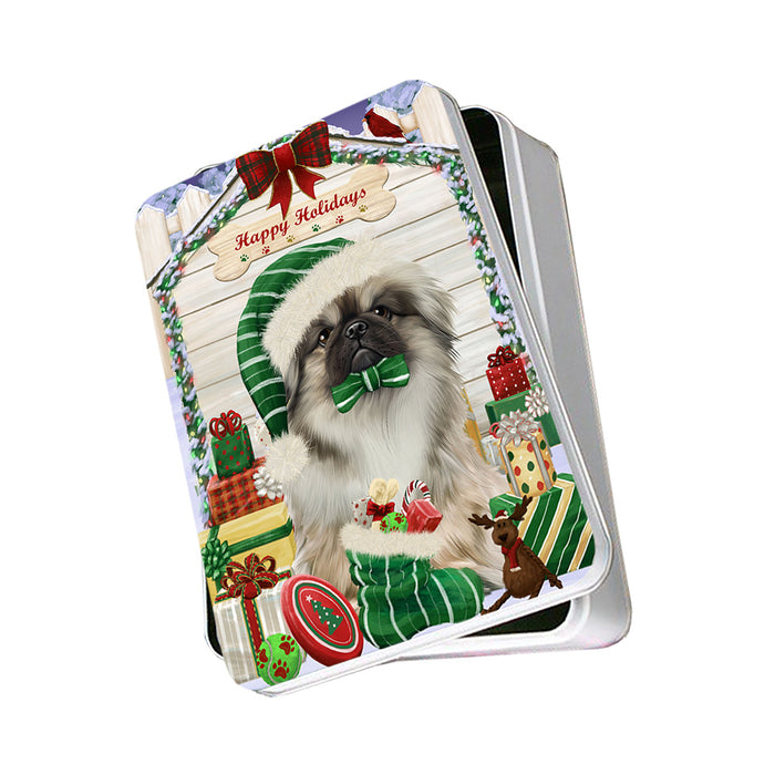 Happy Holidays Christmas Pekingese Dog House With Presents Photo Storage Tin PITN52165