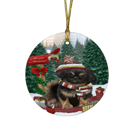 Merry Christmas Woodland Sled Pekingese Dog Round Flat Christmas Ornament RFPOR55338