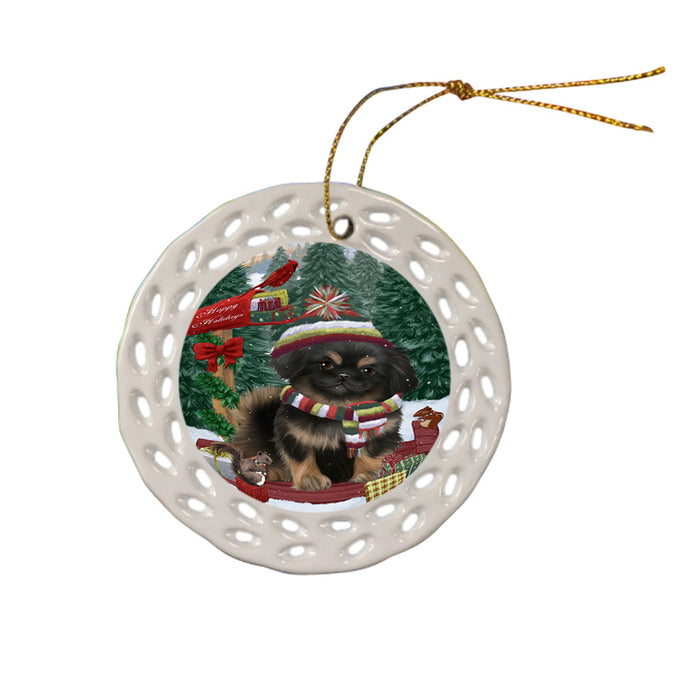 Merry Christmas Woodland Sled Pekingese Dog Ceramic Doily Ornament DPOR55338