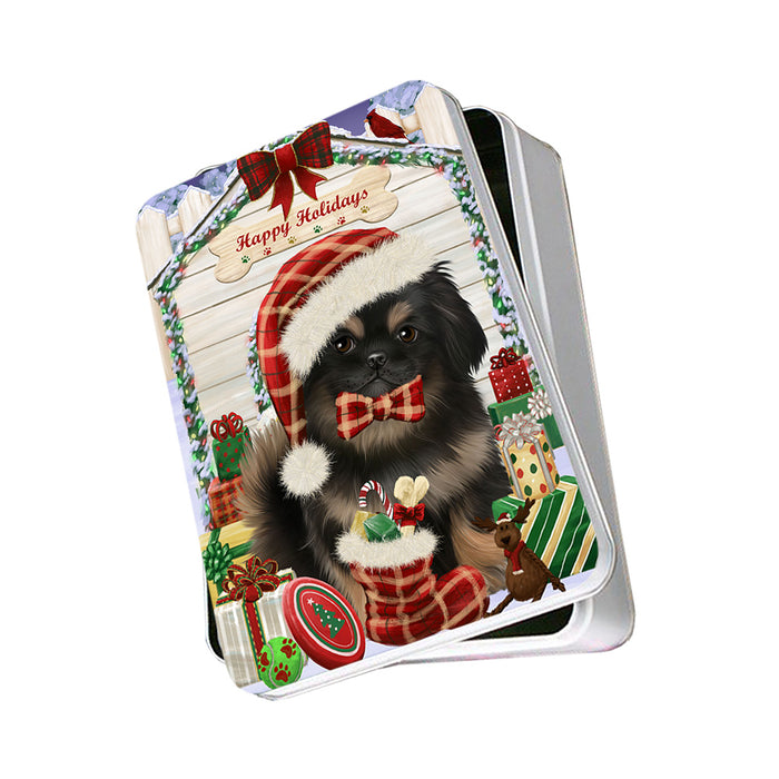 Happy Holidays Christmas Pekingese Dog House With Presents Photo Storage Tin PITN52166