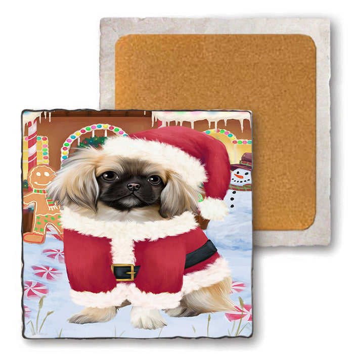 Christmas Gingerbread House Candyfest Pekingese Dog Set of 4 Natural Stone Marble Tile Coasters MCST51468