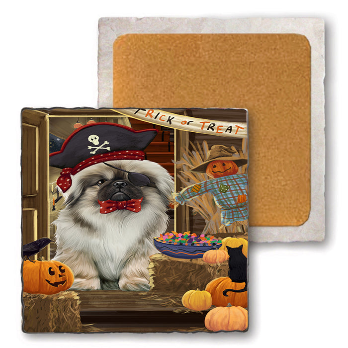 Enter at Own Risk Trick or Treat Halloween Pekingese Dog Set of 4 Natural Stone Marble Tile Coasters MCST48206