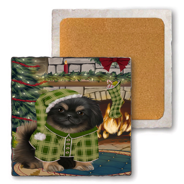 The Stocking was Hung Pekingese Dog Set of 4 Natural Stone Marble Tile Coasters MCST50552