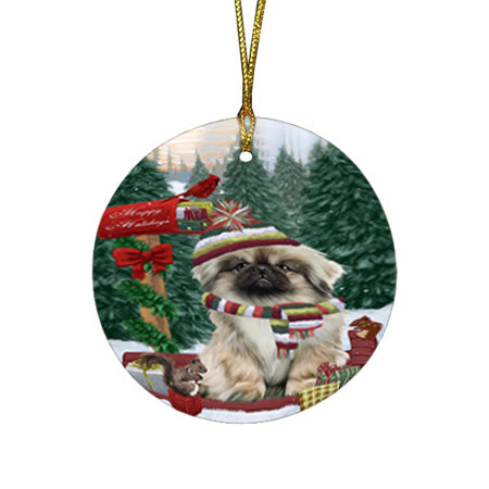 Merry Christmas Woodland Sled Pekingese Dog Round Flat Christmas Ornament RFPOR55339