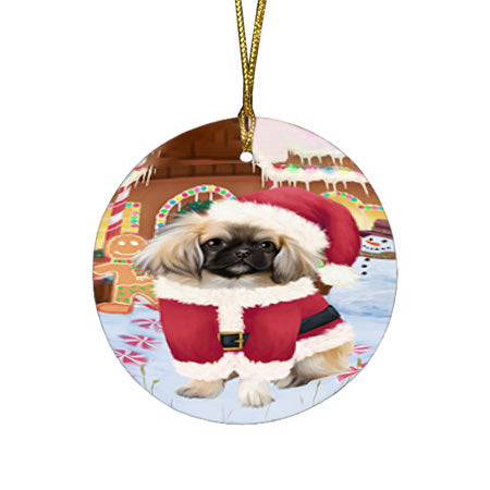 Christmas Gingerbread House Candyfest Pekingese Dog Round Flat Christmas Ornament RFPOR56824