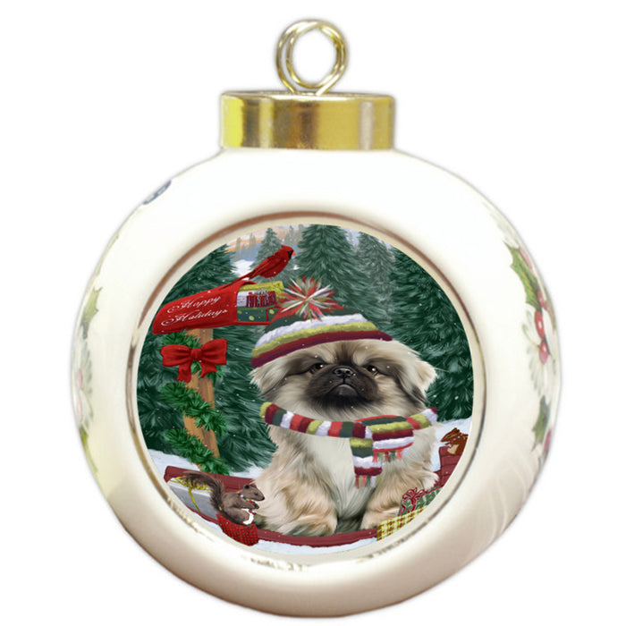 Merry Christmas Woodland Sled Pekingese Dog Round Ball Christmas Ornament RBPOR55339