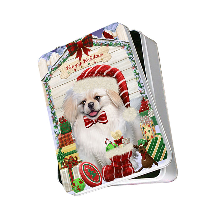 Happy Holidays Christmas Pekingese Dog House With Presents Photo Storage Tin PITN52167
