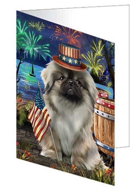 4th of July Independence Day Fireworks Pekingese Dog at the Lake Handmade Artwork Assorted Pets Greeting Cards and Note Cards with Envelopes for All Occasions and Holiday Seasons GCD57617