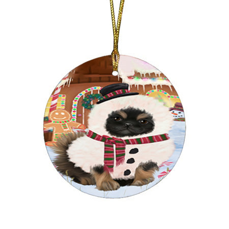 Christmas Gingerbread House Candyfest Pekingese Dog Round Flat Christmas Ornament RFPOR56825