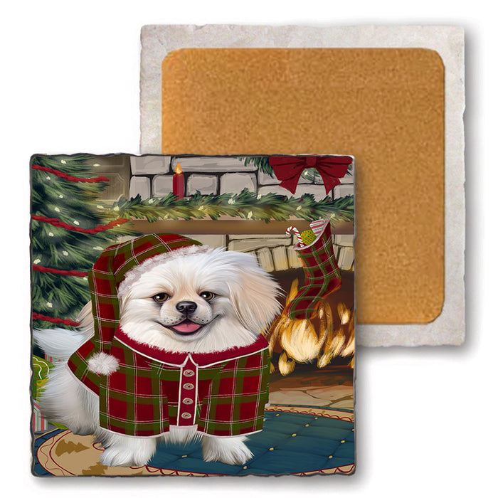 The Stocking was Hung Pekingese Dog Set of 4 Natural Stone Marble Tile Coasters MCST50553