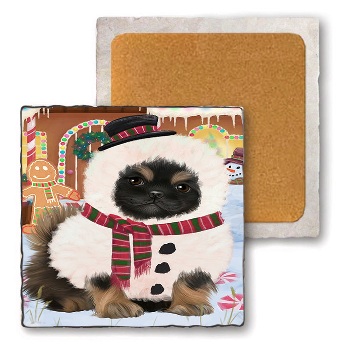 Christmas Gingerbread House Candyfest Pekingese Dog Set of 4 Natural Stone Marble Tile Coasters MCST51469