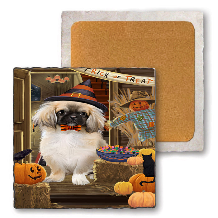 Enter at Own Risk Trick or Treat Halloween Pekingese Dog Set of 4 Natural Stone Marble Tile Coasters MCST48208