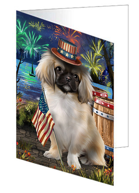 4th of July Independence Day Fireworks Pekingese Dog at the Lake Handmade Artwork Assorted Pets Greeting Cards and Note Cards with Envelopes for All Occasions and Holiday Seasons GCD57620