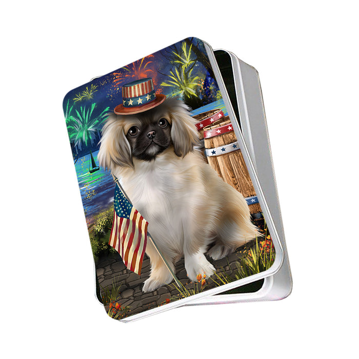 4th of July Independence Day Fireworks Pekingese Dog at the Lake Photo Storage Tin PITN51197