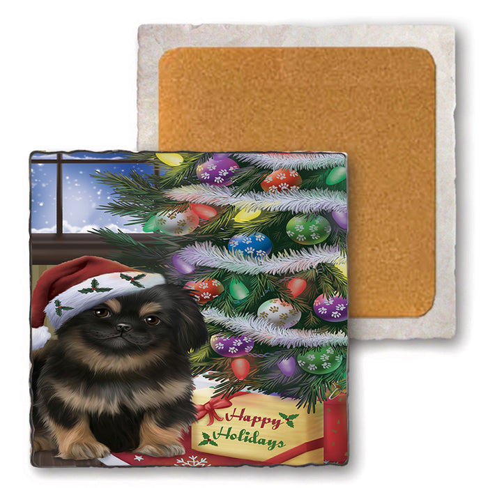 Christmas Happy Holidays Pekingese Dog with Tree and Presents Set of 4 Natural Stone Marble Tile Coasters MCST48842