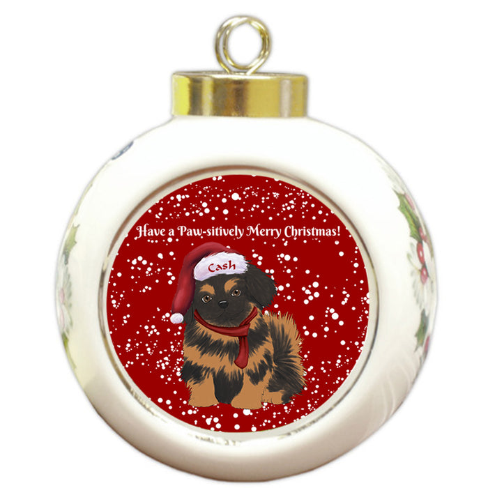 Custom Personalized Pawsitively Pekingese Dog Merry Christmas Round Ball Ornament