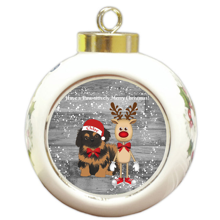 Custom Personalized Pekingese Dog Reindeer and Pooch Christmas Round Ball Ornament