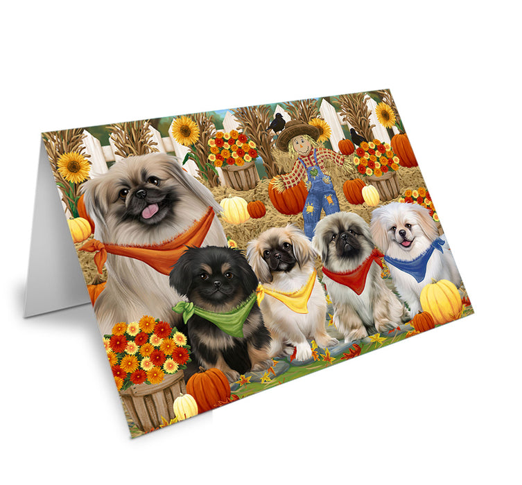 Fall Festive Gathering Pekingeses Dog with Pumpkins Handmade Artwork Assorted Pets Greeting Cards and Note Cards with Envelopes for All Occasions and Holiday Seasons GCD55991