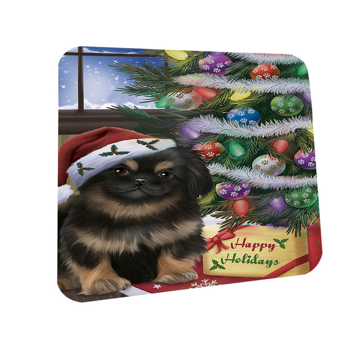 Christmas Happy Holidays Pekingese Dog with Tree and Presents Coasters Set of 4 CST53800