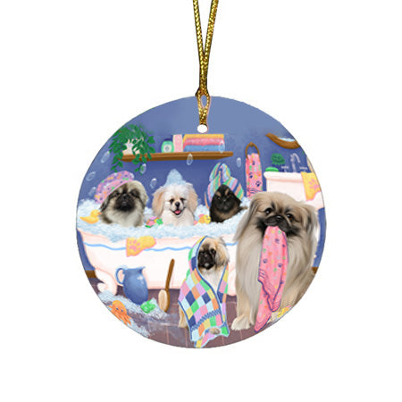 Rub A Dub Dogs In A Tub Pekingeses Dog Round Flat Christmas Ornament RFPOR57162