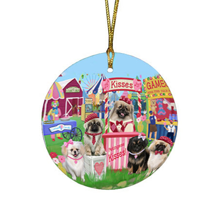 Carnival Kissing Booth Pekingeses Dog Round Flat Christmas Ornament RFPOR56267