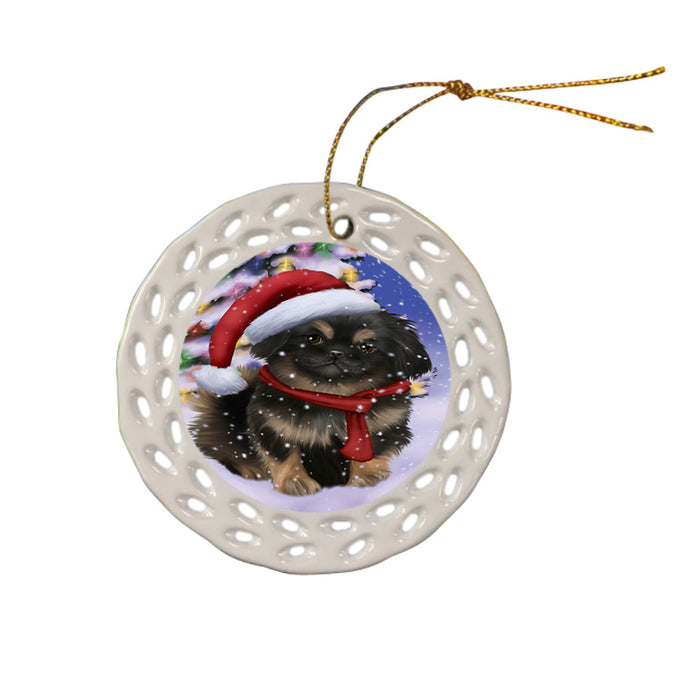 Winterland Wonderland Pekingese Dog In Christmas Holiday Scenic Background  Ceramic Doily Ornament DPOR53403