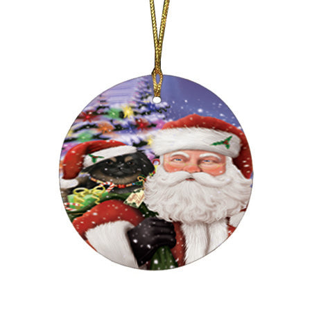 Santa Carrying Pekingese Dog and Christmas Presents Round Flat Christmas Ornament RFPOR53991