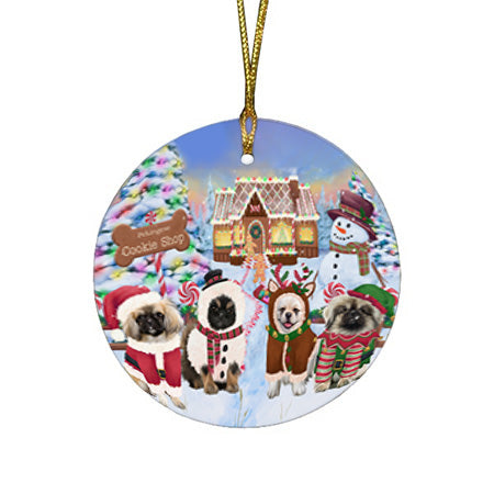 Holiday Gingerbread Cookie Shop Pekingeses Dog Round Flat Christmas Ornament RFPOR56863