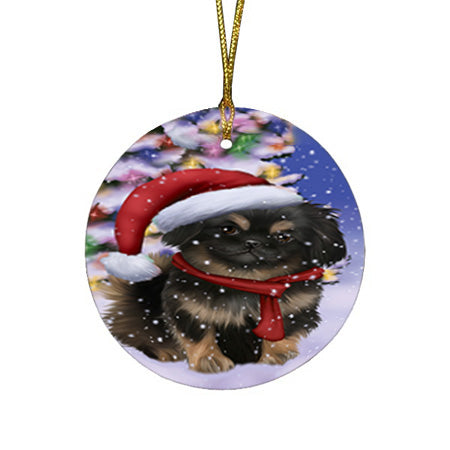 Winterland Wonderland Pekingese Dog In Christmas Holiday Scenic Background  Round Flat Christmas Ornament RFPOR53394