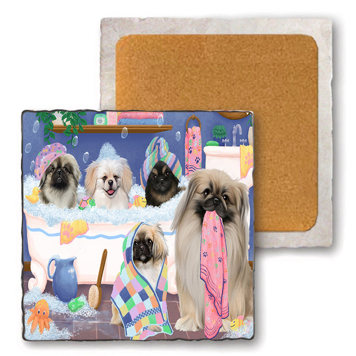 Rub A Dub Dogs In A Tub Pekingeses Dog Set of 4 Natural Stone Marble Tile Coasters MCST51806