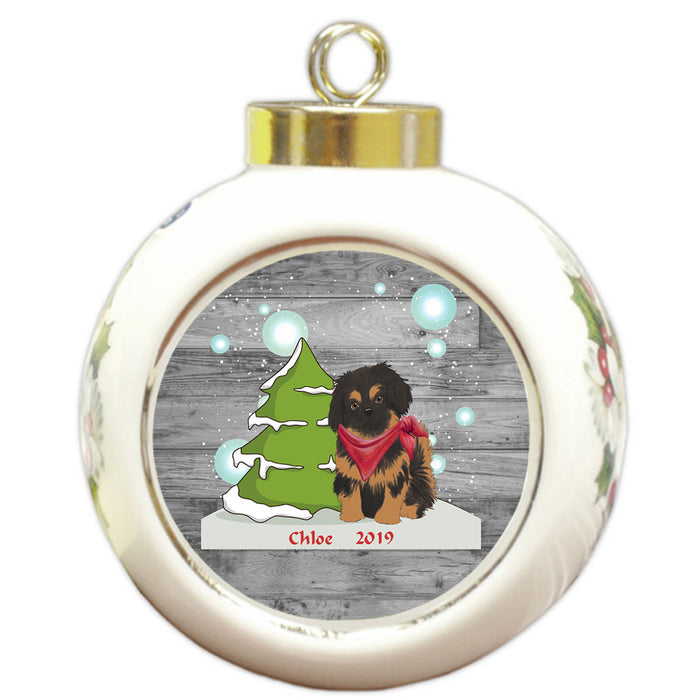 Custom Personalized Winter Scenic Tree and Presents Pekingese Dog Christmas Round Ball Ornament