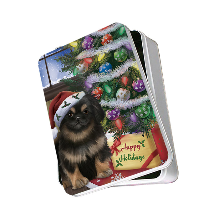 Christmas Happy Holidays Pekingese Dog with Tree and Presents Photo Storage Tin PITN53785