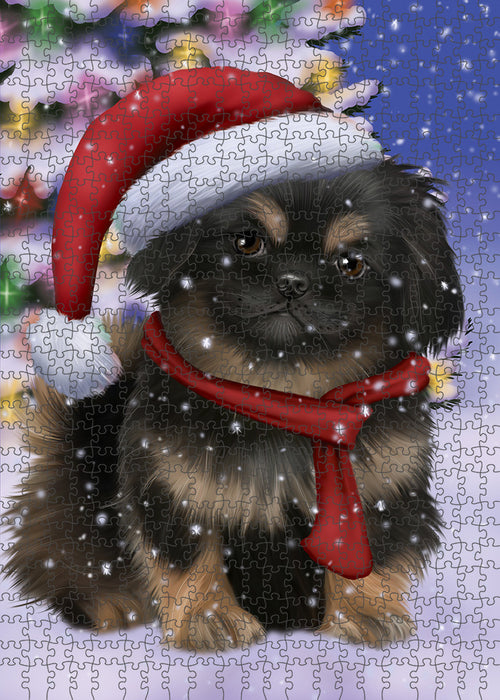 Winterland Wonderland Pekingese Dog In Christmas Holiday Scenic Background Puzzle with Photo Tin PUZL80768