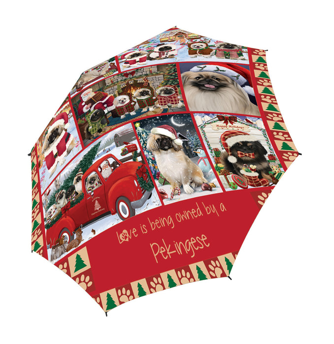 Love is Being Owned Christmas Pekingese Dogs Semi-Automatic Foldable Umbrella