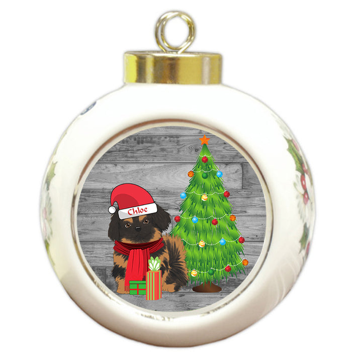 Custom Personalized Pekingese Dog With Tree and Presents Christmas Round Ball Ornament