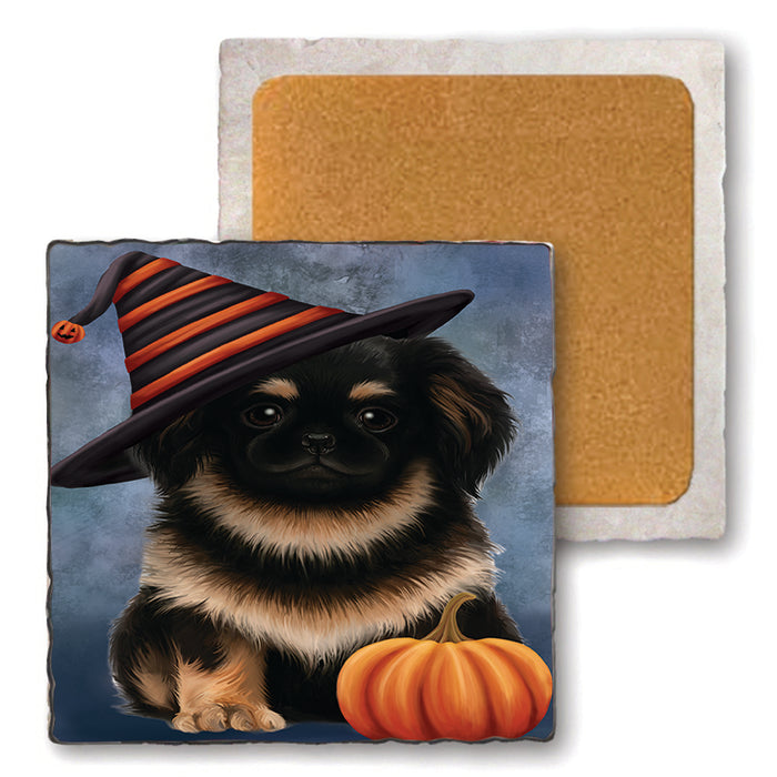 Happy Halloween Pekingese Dog Wearing Witch Hat with Pumpkin Set of 4 Natural Stone Marble Tile Coasters MCST49908