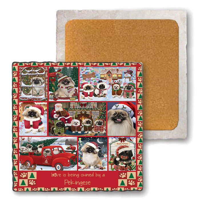 Love is Being Owned Christmas Pekingese Dogs Set of 4 Natural Stone Marble Tile Coasters MCST52241