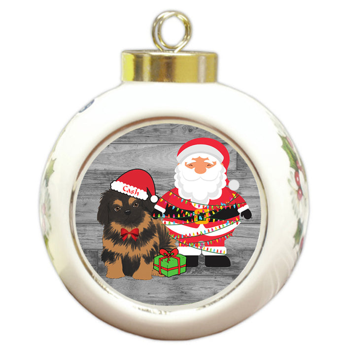 Custom Personalized Pekingese Dog With Santa Wrapped in Light Christmas Round Ball Ornament