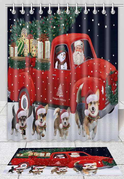 Christmas Express Delivery Red Truck Running Pembroke Welsh Corgi Dogs Bath Mat and Shower Curtain Combo