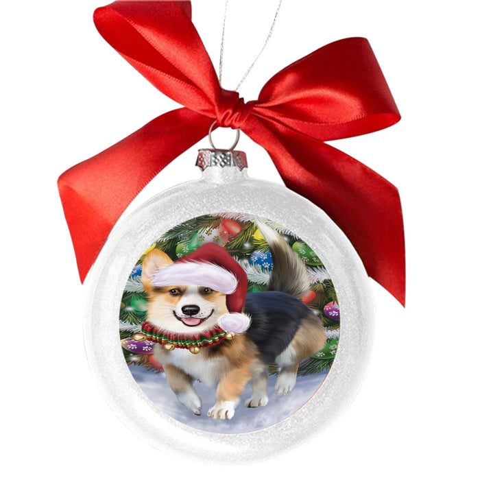 Trotting in the Snow Corgi Dog White Round Ball Christmas Ornament WBSOR49430
