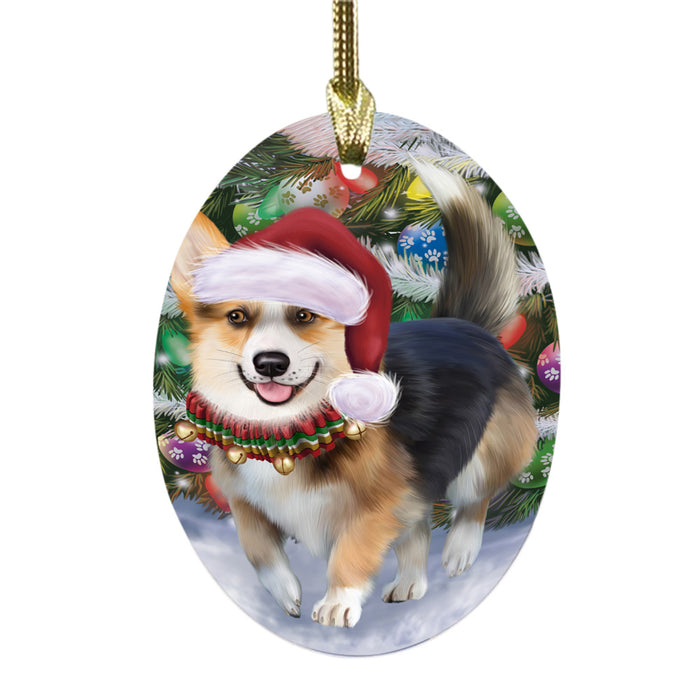 Trotting in the Snow Corgi Dog Oval Glass Christmas Ornament OGOR49430