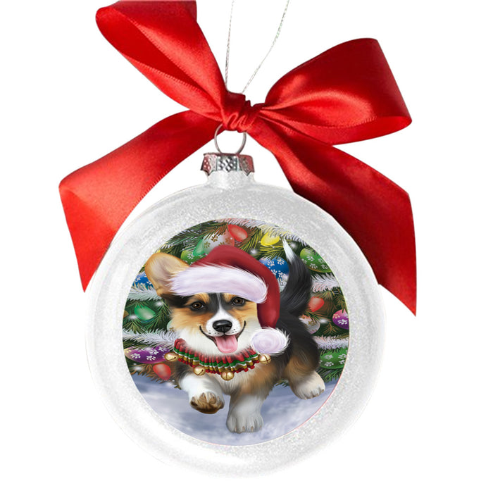 Trotting in the Snow Corgi Dog White Round Ball Christmas Ornament WBSOR49431