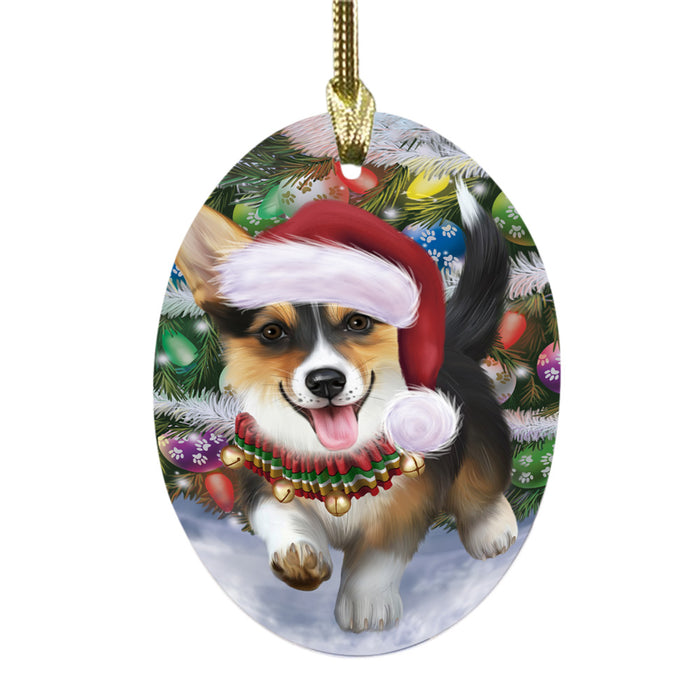 Trotting in the Snow Corgi Dog Oval Glass Christmas Ornament OGOR49431