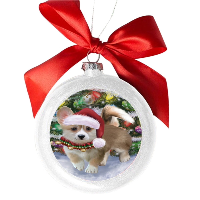 Trotting in the Snow Corgi Dog White Round Ball Christmas Ornament WBSOR49432