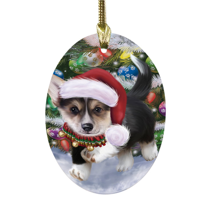 Trotting in the Snow Corgi Dog Oval Glass Christmas Ornament OGOR49433