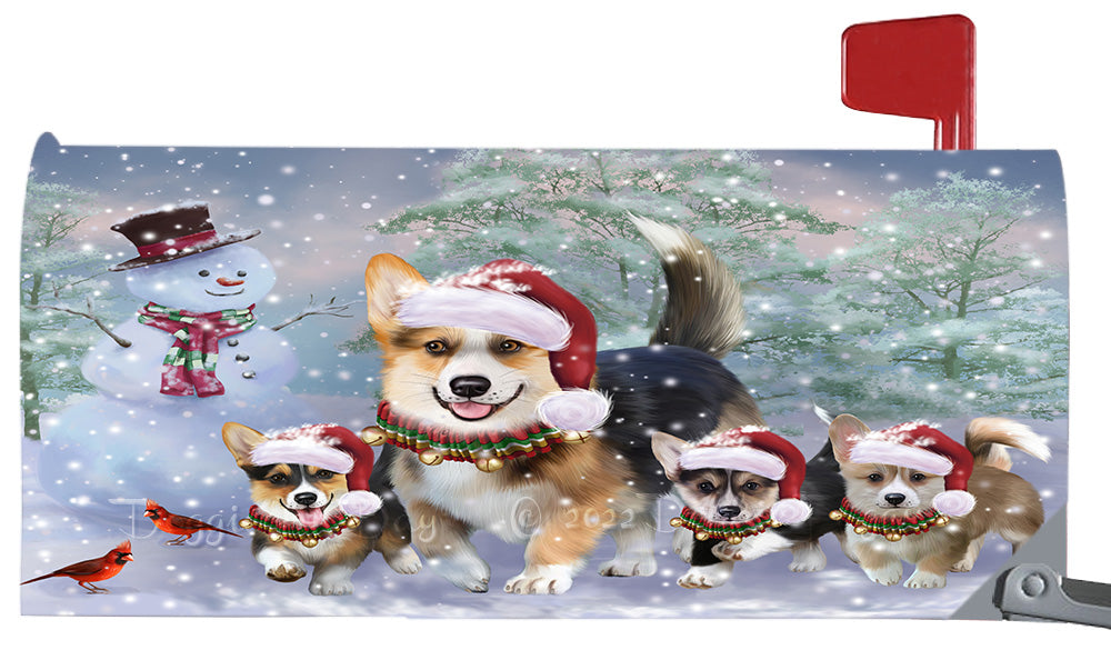 Christmas Running Family Pembroke Welsh Corgi Dogs Magnetic Mailbox Cover Both Sides Pet Theme Printed Decorative Letter Box Wrap Case Postbox Thick Magnetic Vinyl Material