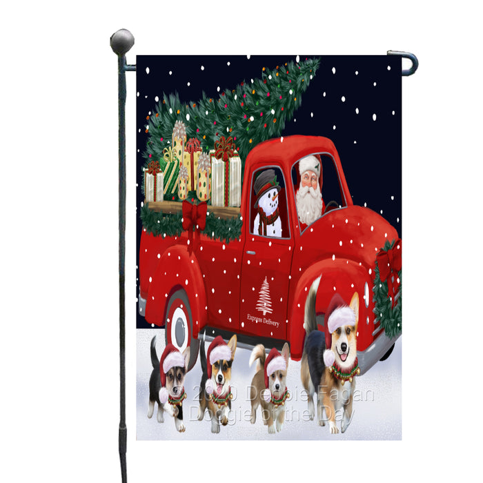 Christmas Express Delivery Red Truck Running Pembroke Welsh Corgi Dogs Garden Flag GFLG66481